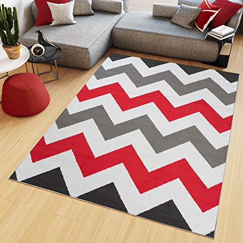 TAPISO Maya Kollektion Teppich Kurzflor Grau Weiß Rot Modern Geometrisch Zig Zag Streifen Gestreift Design Wohnzimmer Schlafzimmer ÖKOTEX 140 x 200 cm