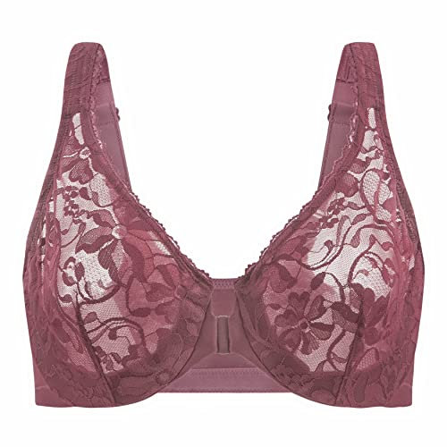 MELENECA Women's Front Fastening Underwire Plus Size Racerback Non Padded Sexy Lace Bra Cabernet Red 40E