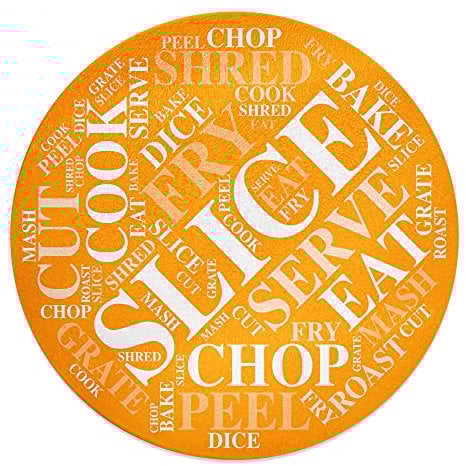 30cm Round Slice Cook Cut Chop Wording Tempered Glass Chopping Board - Orange