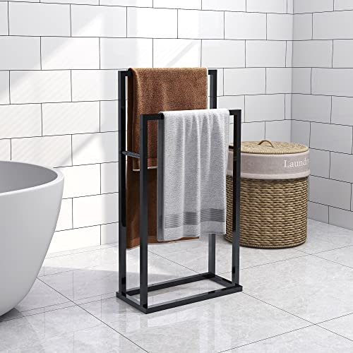 BOFENG Porte-serviettes sur pied à 2 niveaux - Noir - Porte-serviettes chromé - Revêtement anti-rouille - Pour accessoires de salle de bain - Deux animaux - Noir