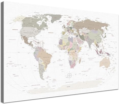 LANA KK Weltkarte-Pinnwand als Leinwandbild, pinne Deine Reisen und Erinnerungen – World Map White - Deutsch - Landkarten-Wandbild in weiß, 60 x 40 cm