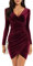 Niwicee Womens Dress Velvet Ruched Bodycon Dress V Neck Long Sleeve Wrap Dresses Mini Prom Dress Ladies Elegant Evening Dress Cocktail Party Midi Dresses(Wine Red,XL)