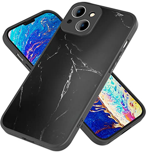 NALIA Marmor Glas Case für iPhone 14 Plus - Kratzfestes 9H Echtglas - Marbelle (Silikon Bumper & Grip) - Marke aus Berlin, Farbe:Schwarz