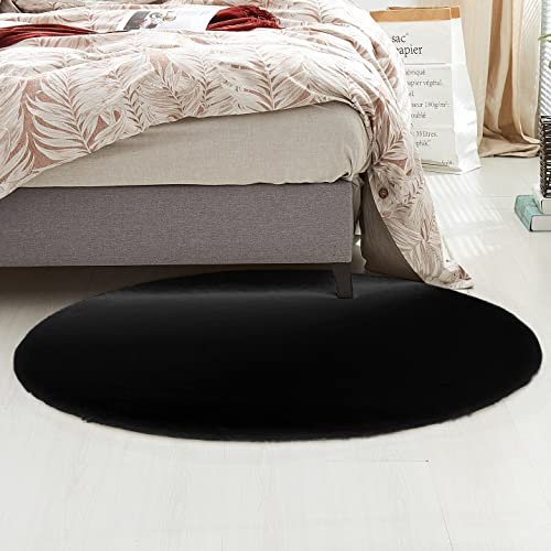 Teppich Wölkchen Fell Rund, Fellteppich Rund, Kunstfell Teppich Waschbar, Hasenfell, Kaninchenfell - Flauschiger Teppich Wohnzimmer, Bettvorleger Schlafzimmer - Schwarz - Rund 160cm