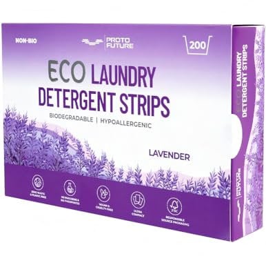 Proto Future Tiras de Detergente Ecológico Para la Lavadora - (200 Lavados) Tiras Ecológicas Biodegradables, Hipoalergénicas, Cero Residuos y Sin Plástico - Fórmula Vegana y Sin Enzimas (Lavanda)