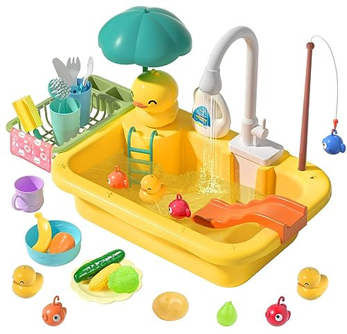CUTE STONE Évier de Jeu avec Eau Courante, Jouet d'évier de Cuisine avec Robinet d'eau Chaude électrique amélioré, Jouet de pêche en étang Flottant, Jouet de Lave-Vaisselle pour Enfants