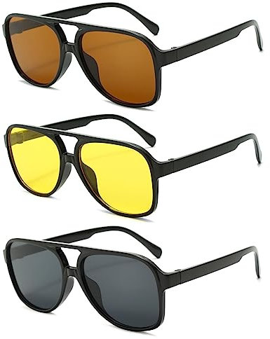 YAMEIZE 3 Pack Retro Oversized Rectangle - Double Bridge Sunglasses for Women Men Vintage Pilot Square Night Vision UV400 Protection Glasses for Driving