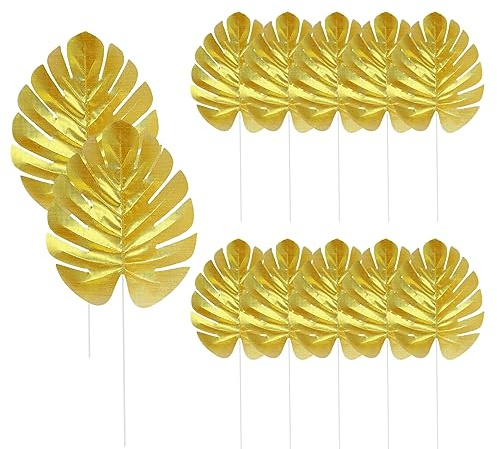 MARRTEUM Lot de 12 feuilles de palmier artificielles dorées artificielles de Monstera tropicales pour safari, jungle, hawaïen, fête Luau, décoration de table et de mur