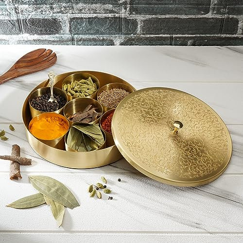 Ajuny Handcrafted Brass Spice Box – Round Masala Dabba with Embossed Lid, 7 Removable Containers, Designer Spoon, Decorative Indian Spice Storage Canister, Golden Finish, Unique Gift