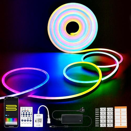 RGBIC Neon LED Strip 5m, WIFI 12V Dimmbar LED Neon Streifen Aussenbereich, 96LED/M, APP Steuerbar, IP67 Wasserdicht Alexa LED Neon Strip LED Band LED Schlauch Außen Kompatibel mit Alexa und Google