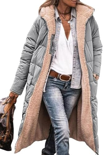 MorFansi Damen Wintermantel Reversibel Lange Ärmel Fleecejacke Outdoorjacke Steppjacke Kapuze Oberbekleidung (Hellgrau,XL)