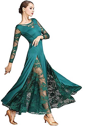 Abito da donna in pizzo a maniche medie, moderno, valzer, tango, standard nazionale, ballo da sala, costume da gara, verde scuro, XXL
