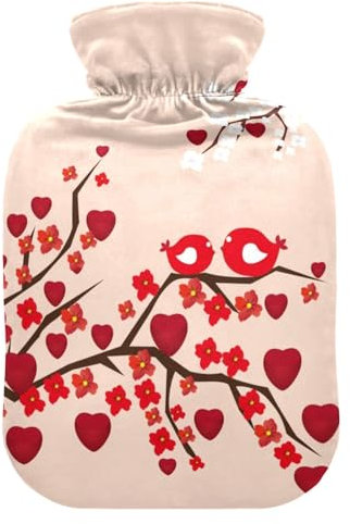 hot Water Bottles Velvet Transparent 1 Liter fashy ice Water Bottle for Pain Relief, Menstrual Cramps Abstract Branches Hearts Flowers Birds