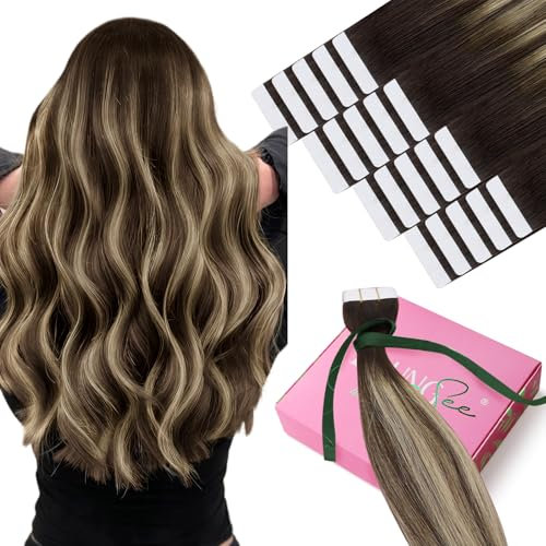 YoungSee Echthaar Extensions Tape Ombre Extensions Echthaar Tape 45cm Dunkelbraun Ombre Blond Haarverlangerung Echt Haar Tapes Nahtlos Tape-in Haarextension Remy Menschenhaar 50g #4/18/4