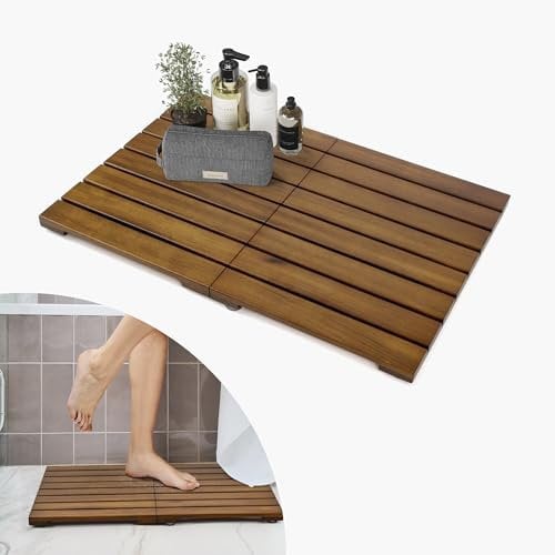 Smuxee Faltbare Teakholz-Badematte, 58,9 x 41,1 cm, Duschmatte mit rutschfester Holzbodenmatte für Badezimmer, Pool und Sauna
