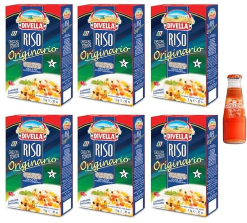 6 x Divella Reis Originario, Reis aus runden Bohnen, italienischer Reis, ideal für traditionelle Rezepte, Vakuumverpackung 1 kg + 1 x Recoaro Aperitivo Italiano Ingwer 10 cl gratis
