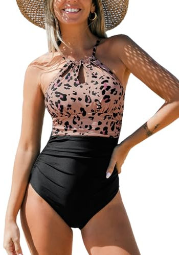 CUPSHE Damen Badeanzug High Neck Bauchweg Raffungen Strandmode Schlüsselloch Leoparden Einteilige Bademode Swimsuit Schwarz/Leopardenmuster L