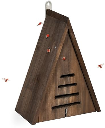 Relaxdays Marienkäferhaus, Marienkäferhotel Garten, zum Aufhängen, Holz, dreieckig, braun