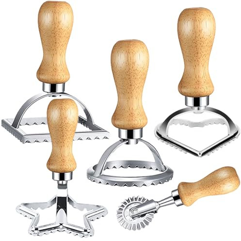 Bugucat Ausstechformen, Ravioli Ausstecher Former, Teigtaschenrad Former mit Holzgriff und Geriffelter Kante Pasta Nudel Press, Ravioliform Keksform für Pierogie & Dumplings (5er Set)