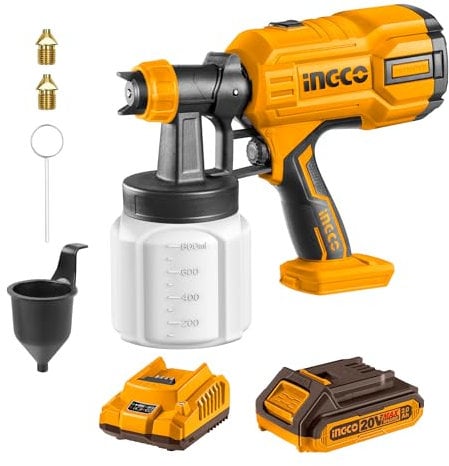 INGCO 20V Lithium-ion Paint Sprayer 120DIN-s Electric Paint Spray Gun 800ml/min with 2.0Ah Battery for Walls, Ceilings, Fencings CSGLI20406
