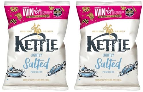 Kettle Lightly Salted Potato Crisps, 130g Sharing Bag, Pack of 2, Hand Cooked in Norfolk, Gluten-Free, Vegan, British Potatoes