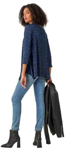 Roman Originals Hanky Hem Tunic Top for Women UK - Ladies Longline Blouse Asymmetric Hemline Casual Slouch Loose 3/4 Sleeves Round Neck Relaxed Comfortable Holiday - Blue & Black - Size 12