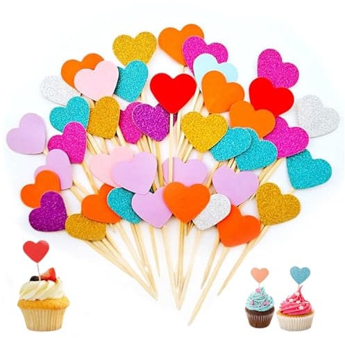 100 Stück Muffin Deko Herzen Cupcake Topper, Zahnstocher Kuchen Cocktail, Herzen Glitter Kuchen Topper Cupcake Picks Herzen Muffin Topper Geburtstag für Geburtstagspartys Ice-Cream Party Dekoration
