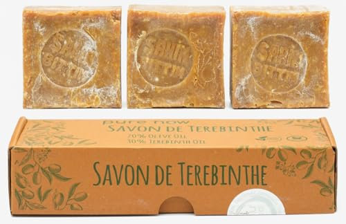 Pure Now Natürliche Bittim Seife 3 Stück. 70% Olivenöl, 30% Terebinthenöl. Handgefertigte Savon de Térébinthe mit Anti-Schuppen-Wirkung, Mit Feuchtigkeitsspendendem Bıttım-Öl