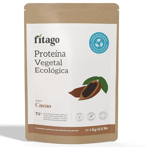 Fitago Proteína vegetal ecológica 73% - 1kg Sabor cacao | Proteína vegana en polvo BIO | 100% natural, sin aditivos ni edulcorantes o saborizantes artificiales | Completa de guisante, arroz y cáñamo