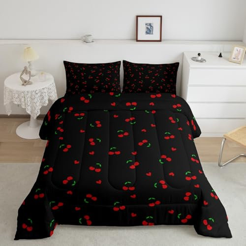 Feelyou Kinder-Bettwäsche-Set mit Kirschmuster, Queen-Size-Größe, niedliches Obst-Bettwäsche-Set, für Jungen und Mädchen, Kawaii, Cartoon, Obst, Teenager, Bettdecken-Set, Schlafzimmer-Dekor, 3-teilig