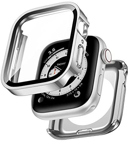 Kawoco 2 in 1 Wasserdichtes Hülle für Apple Watch Series 9/8/7 45mm mit Eingebaut Kratzfest Gehärtetes Glas Schutzfolie, HD Hochempfindliche Schutzhülle für iwatch 45mm, Silber
