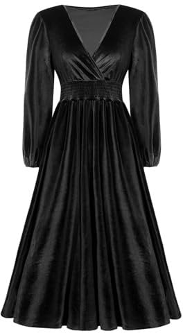 inhzoy Womens Long Sleeve Velvet Cocktail Prom Midi Dresses Sexy V Neck Vintage Formal Wedding Guest Dress Black S