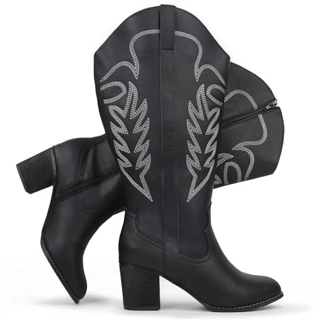Chicblooms Stivali da cowboy da donna con polpaccio extra largo, da cowgirls, alti al ginocchio, Nero , 42 EU