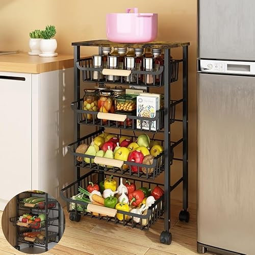 Carrito de 5 Niveles con Ruedas de Alambre de Metal para Cocina, estantes apilables para almacenar Frutas y Verduras en el Suelo con cajones extraíbles para Sala de Estar, Dormitorio y baño