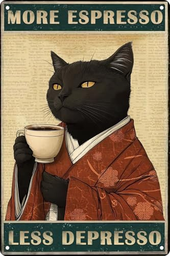 Retro Funny Black Cat Decor More Espresso Less Depressed Garden Fence Wall Decor Metal Tin Signs Garage Man Cave Gift Retro Bar Art Bagno Decor 30,5 x 20,3 cm