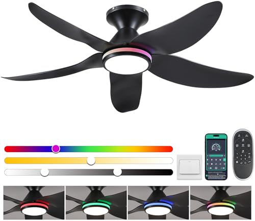 Surtime Ventilatore da soffitto con illuminazione silenzioso, 117 cm, con luce e telecomando, per camera da letto, soggiorno, 6 velocità, dimmerabile, motore DC reversibile, ali in legno, nero