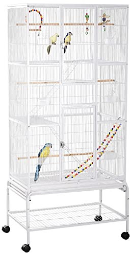 PawHut Jaula para Pájaros con Ruedas 83x53x180 cm Pajarera Metálica de 3 Niveles con 3 Perchas Comederos Juguetes Rampas y Estante de Almacenamiento para Canarios Periquitos Blanco