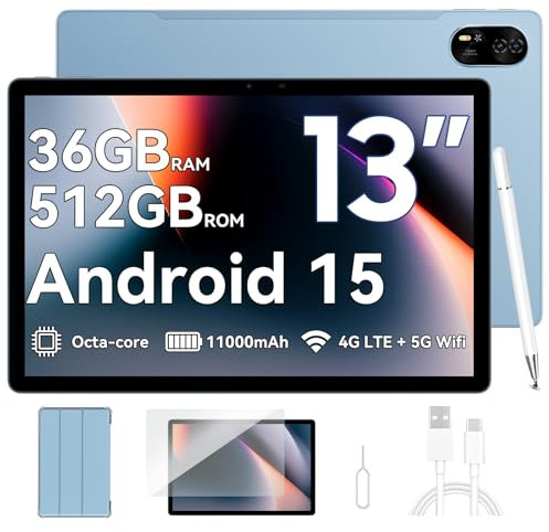 Blackview 13 Pulgadas Mega8 Tablet,Android 15 Tableta 90HZ Display,Dual 4G LTE & 5G WiFi,11000mAh,36GB RAM+512GB ROM/2TB TF Octa Core Dual AI Cámara Widevine L1/GPS/WPS/PC Mode con Lápiz óptico