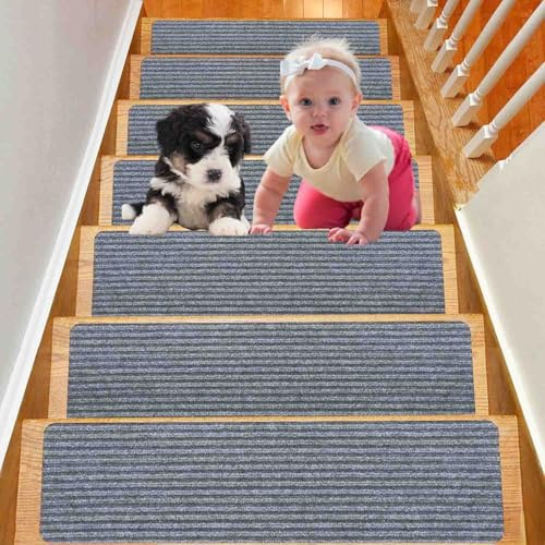 Duscdesp 15 Stück Treppenmatten, Treppenteppich Selbstklebend Antirutsch Treppe Stufenmatten Innen, Stufenteppich Treppen Teppich Treppenstufen für Kinder Ältere und Haustiere, 60x20cm (Hellgrau)
