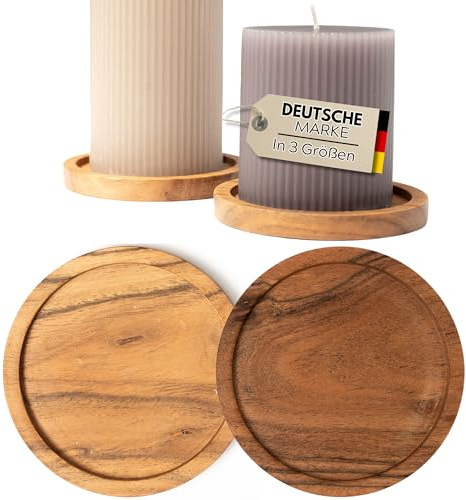 Plogis Kerzenteller 4er-Set Akazie – Kerzenhalter Holz für Kerzen bis 10 cm | Kerzen Holzuntersetzer rund mit Rand für 9, 10 cm, Kerzenständer Holz, Kerzenhalter Stumpenkerzen, Kerzen teller Holz