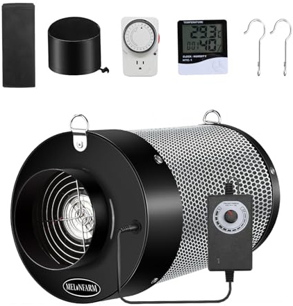 MELONFARM 10,2 cm Luftkohlefilter, Geruchskontrolle mit Australien Virgin Holzkohle, eingebauter 14 cm Lüfter, geräuscharm und Geschwindigkeitsregler, Geruchs-Schrubber für Inline-K-Ventilator