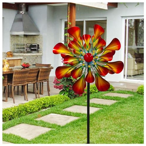 Hazomeu Windrad Metall Garten 57cm Rotor-Durchmesser Magische Windmühle Windrad Windblätter 3D Optik Windspinner Wetterfestes Gartendeko