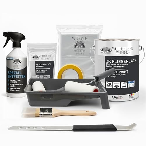 WO-WE Kit Complet Peinture Carrelage 2K pour cuisine, salle de bain, carrelage mural & sol – Gris platine 2,5 kg