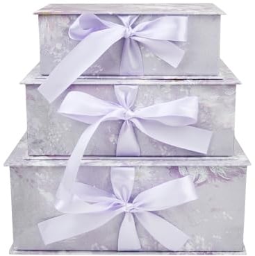 Emartbuy Luxus Lila Floral Geschenkbox Set mit Satinband Schleife - Elegante dekorative starre Boxen für Hochzeiten, Geburtstage & festliche Geschenke - 3er Set