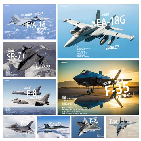 9 Stück F-22 Militärjets Flugzeug Poster, Kampfjetposter Wandposter, Leinwand Bilder für Jungs Zimmer Deko, Geschenke für Flugzeugbegeisterte für Büro Schlafzimmer Wohnzimmer Deko, 20×30cm Ungerahmt