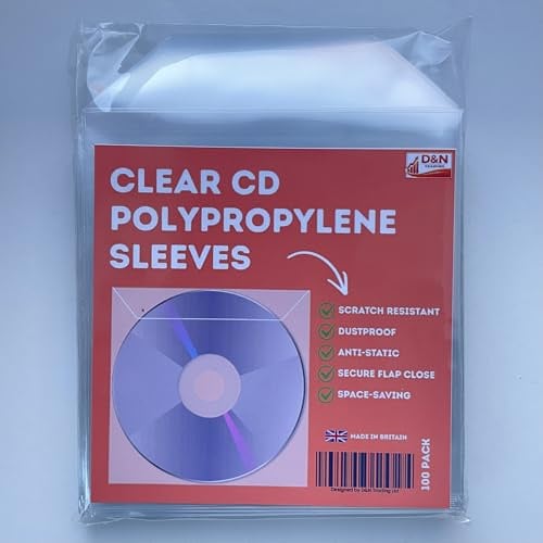 Clear CD Sleeves for CD/DVD/Bluray - 100 Pack - Premium quality, scratchproof, dustproof, anti-static & secure - CD Sleeve with Flap - Clear CD Case - Space Saving - Pack of 100 Sleeves