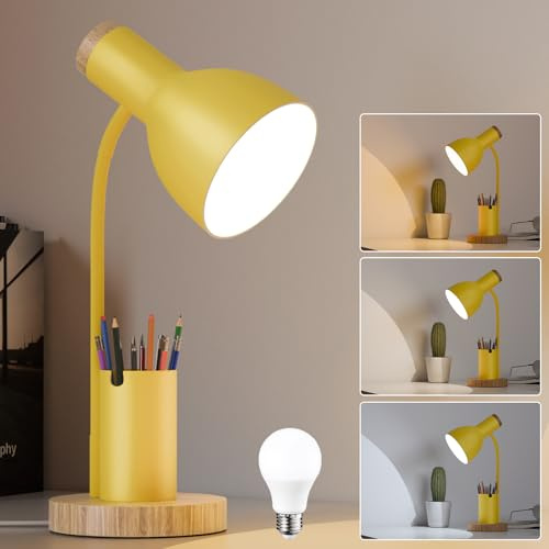 himmel Schreibtischlampe Gelb mit Stiftehalter, Schreibtischlampe Kinder Mädchen Jungen Holz-Akzent, Verstellbar, Tischlampe kinder für Homeoffice, Nachttisch und Studentenzimmer