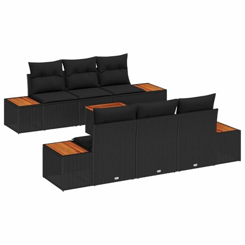 Owoxanthellate Garten-Sofa-Set 7-Teilig Schwarz Polyrattan modular mit Stauraum wetterfest für Terrasse Balkon Garten Lounge Dining 69 cm Rückenlehne 6 Plätze