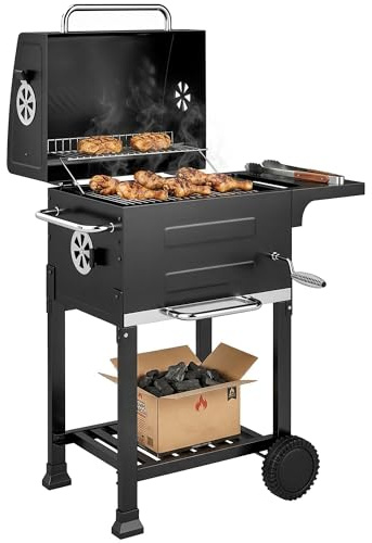 Outsunny Barbacoa de Carbón Portátil, Barbacoa de Carbón con Termómetro, Ventilación Ajustable, Parrilla de Acero Inoxidable, Estante Lateral, Tapa, Bandeja Cenizas, Ruedas, Estante Inferior, Negro