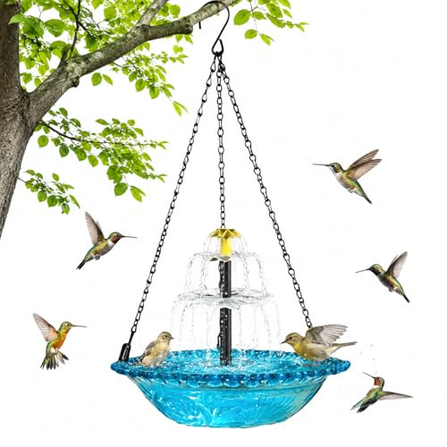 Solar Hanging Bird Bath Fountain Set Birds Water Feeder Bowl for Domesticated Birds Wild Birds Solar Powered Bird Bath Water Feature Cascade for Outdoor Garden Backyard (Blue-Double Layers)